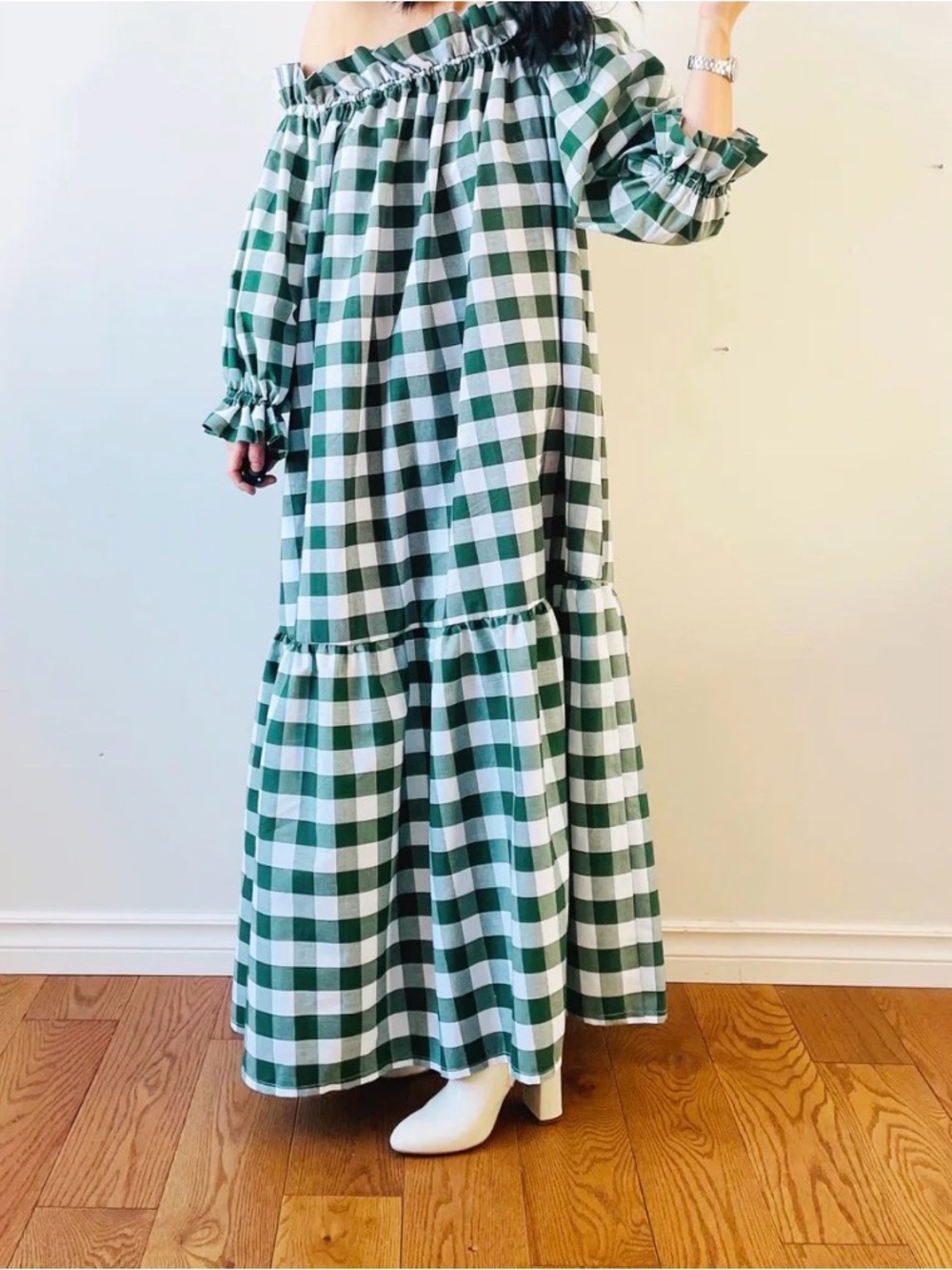 Maison Corazon Nikita Day Gown, Green and White Gingham Maxi Dress
